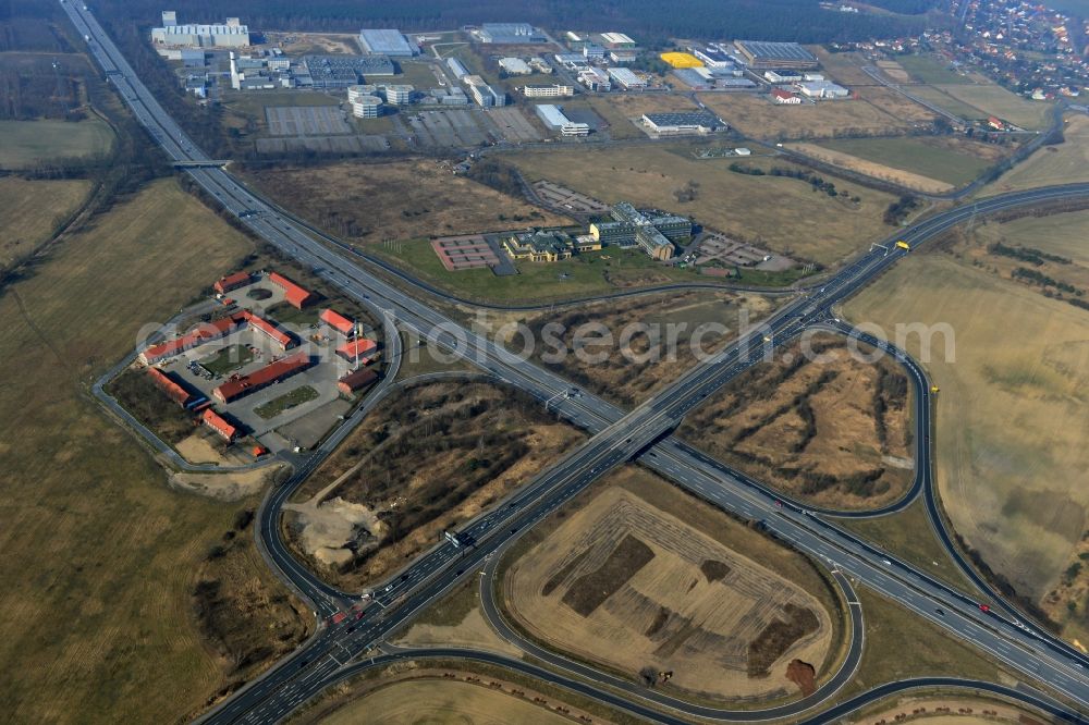 Rangsdorf from above - Finished construction of the expansion slope at the Berliner Ring motorway A10 - E30 at the exit to the main road B96 near Rangsdorf in Brandenburg