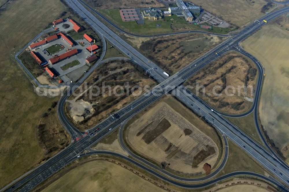 Rangsdorf from above - Finished construction of the expansion slope at the Berliner Ring motorway A10 - E30 at the exit to the main road B96 near Rangsdorf in Brandenburg