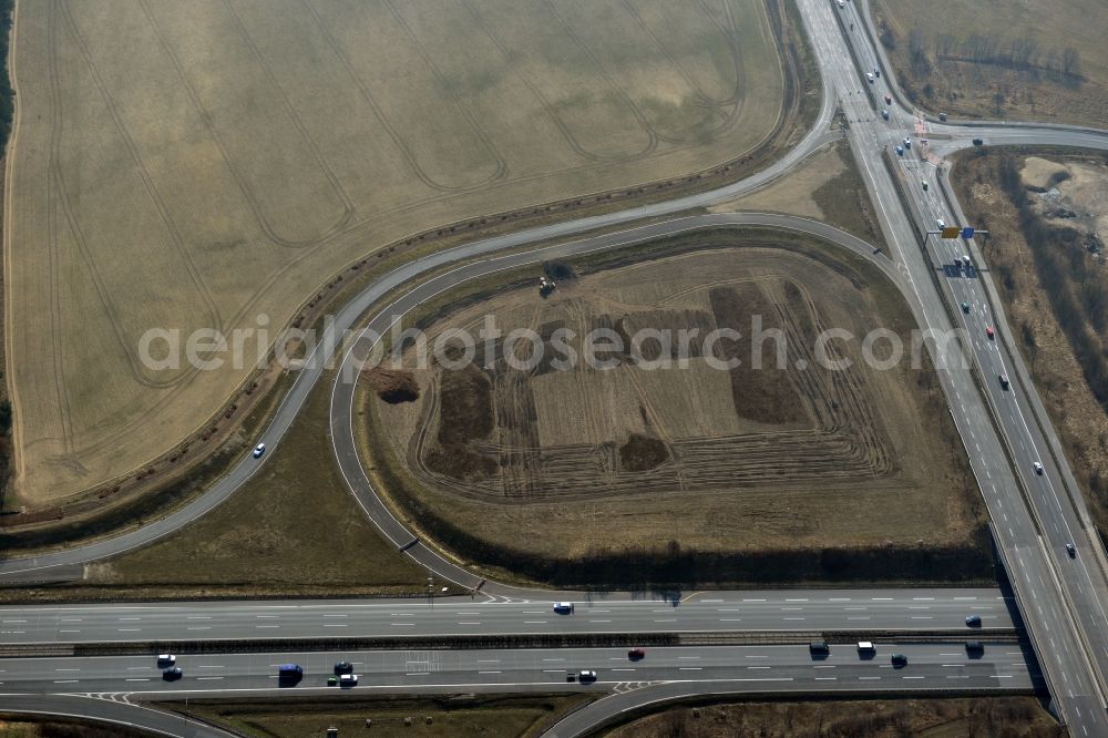 Aerial image Rangsdorf - Finished construction of the expansion slope at the Berliner Ring motorway A10 - E30 at the exit to the main road B96 near Rangsdorf in Brandenburg