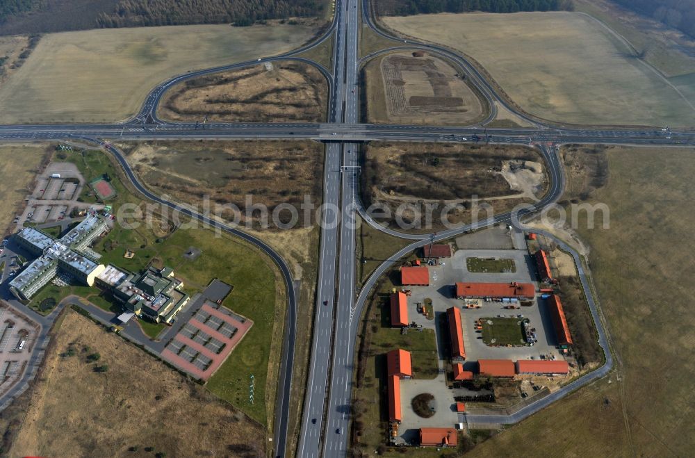 Rangsdorf from above - Finished construction of the expansion slope at the Berliner Ring motorway A10 - E30 at the exit to the main road B96 near Rangsdorf in Brandenburg