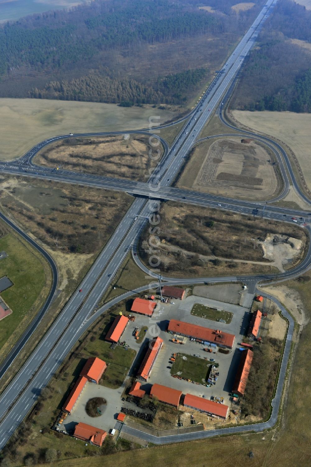 Aerial image Rangsdorf - Finished construction of the expansion slope at the Berliner Ring motorway A10 - E30 at the exit to the main road B96 near Rangsdorf in Brandenburg