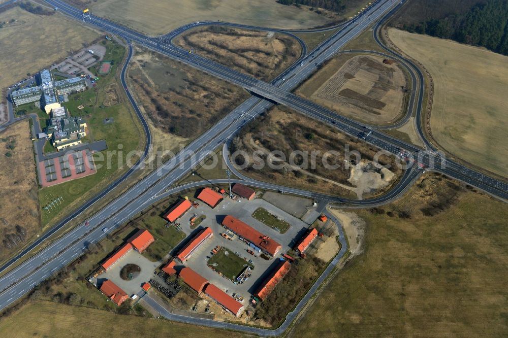 Rangsdorf from above - Finished construction of the expansion slope at the Berliner Ring motorway A10 - E30 at the exit to the main road B96 near Rangsdorf in Brandenburg