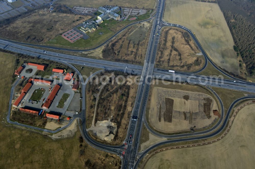 Aerial photograph Rangsdorf - Finished construction of the expansion slope at the Berliner Ring motorway A10 - E30 at the exit to the main road B96 near Rangsdorf in Brandenburg