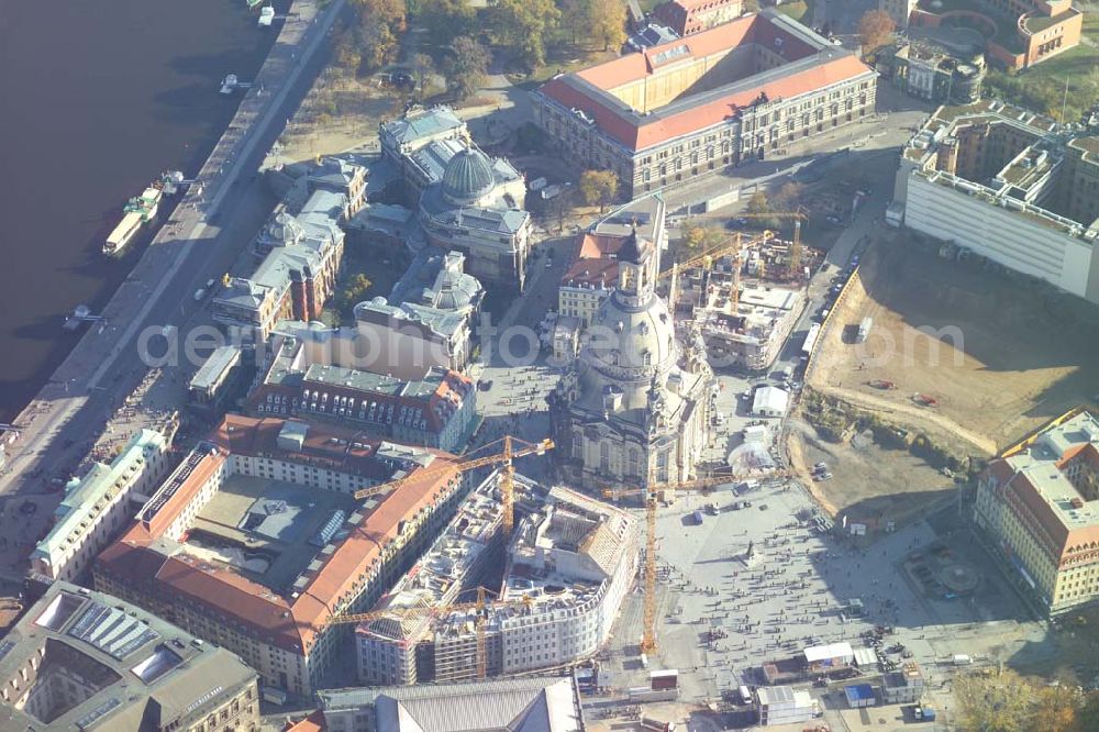 Aerial photograph Dresden (Sachsen) - : Fertig wiederaufgebaute Frauenkirche in Dresden am Tage vor der Weihe..