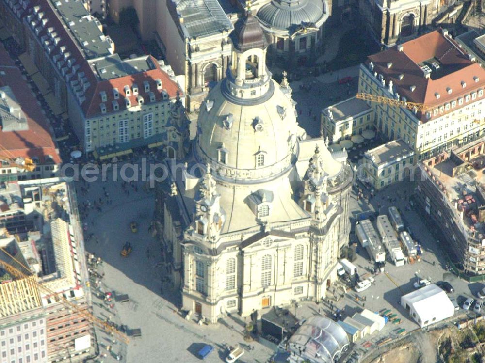 Aerial photograph Dresden (Sachsen) - : Fertig wiederaufgebaute Frauenkirche in Dresden am Tage vor der Weihe..