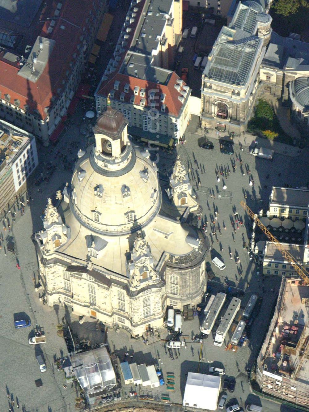 Aerial photograph Dresden (Sachsen) - : Fertig wiederaufgebaute Frauenkirche in Dresden am Tage vor der Weihe..