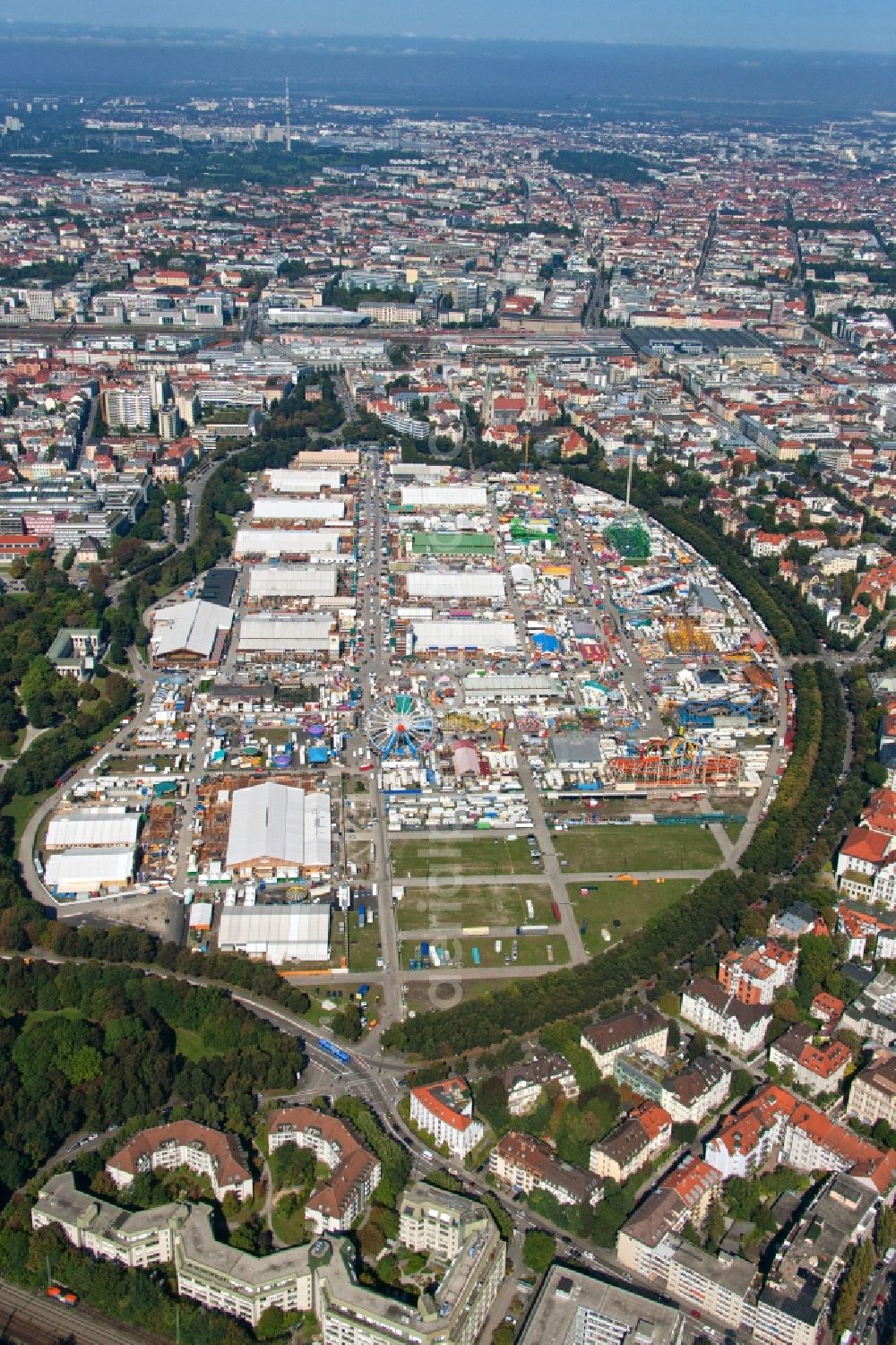 München from the bird's eye view: Fairgrounds of Munich's Oktoberfest beer festival in Munich in Bavaria