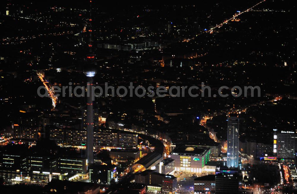 Berlin from above - Nachaufnahme: Sicht auf den Alexanderplatz mit dem Fernsehturm, dem Kaufhaus Galeria Kaufhof und dem Park Inn Hotel anlässlich des Festival Of Lights 2010 in Berlin. Nightshot: View to the TV Tower, the shopping mall Galeria Kaufhof and the Park Inn Hotel at the Alexanderplatz in celebration of the Festival of Lights 2010 in Berlin.