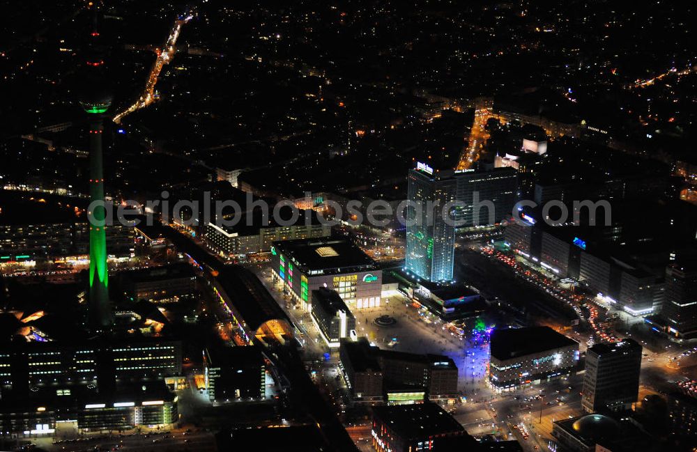 Berlin from above - Nachaufnahme: Sicht auf den Alexanderplatz mit dem Fernsehturm, den Kaufhäusern Galeria Kaufhof und Alexa und dem Park Inn Hotel anlässlich des Festival Of Lights 2010 in Berlin. Nightshot: View to the TV Tower, the shopping malls Galeria Kaufhof and Alexa, the Park Inn Hotel at the Alexanderplatz in celebration of the Festival of Lights 2010 in Berlin.