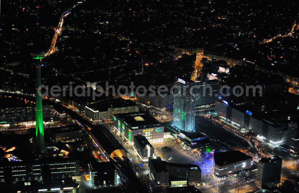 Aerial image Berlin - Nachaufnahme: Sicht auf den Alexanderplatz mit dem Fernsehturm, den Kaufhäusern Galeria Kaufhof und Alexa und dem Park Inn Hotel anlässlich des Festival Of Lights 2010 in Berlin. Nightshot: View to the TV Tower, the shopping malls Galeria Kaufhof and Alexa, the Park Inn Hotel at the Alexanderplatz in celebration of the Festival of Lights 2010 in Berlin.