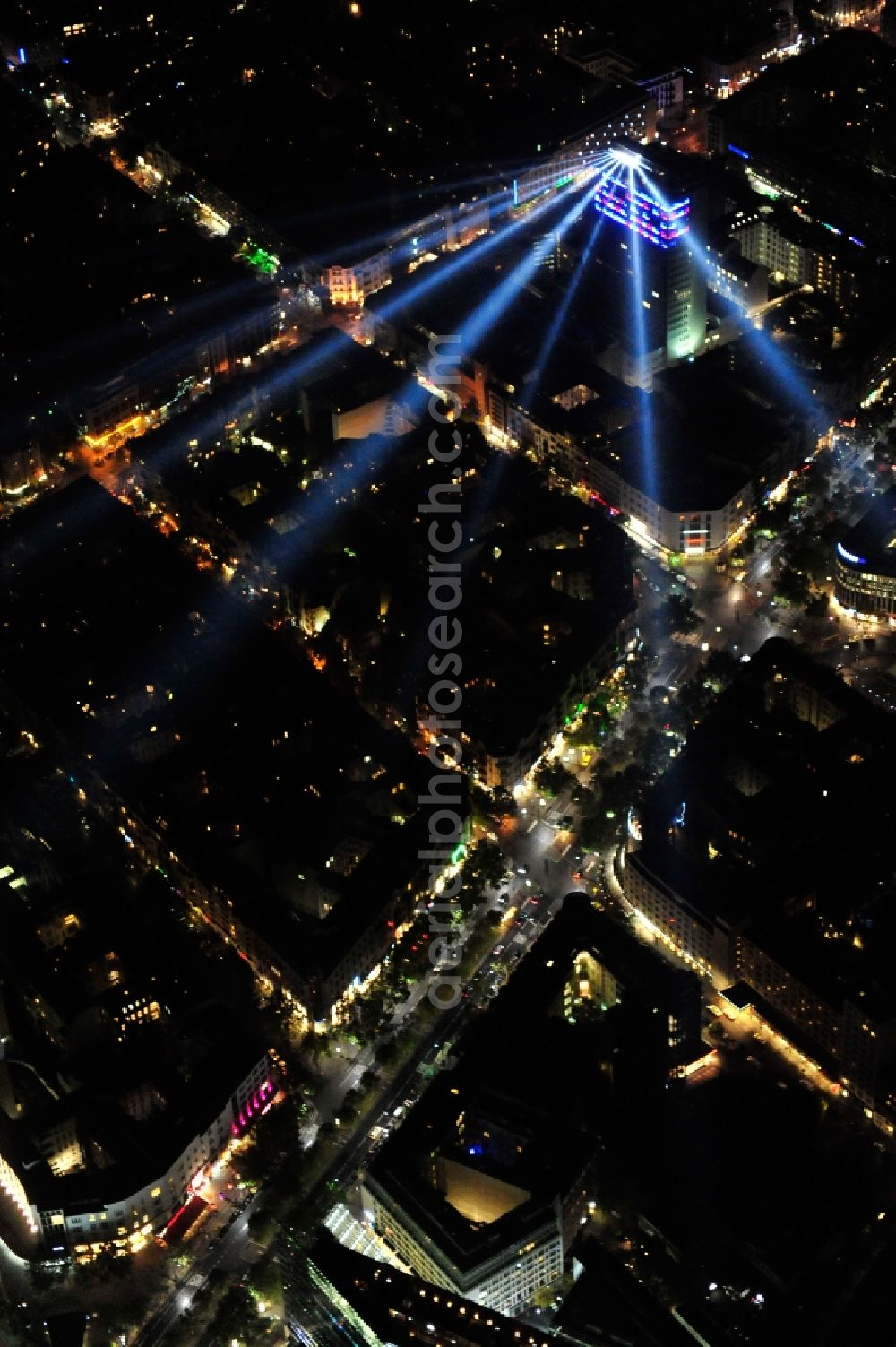 Berlin from the bird's eye view: Festival of Lights downtown of the capital Berlin. Of October 10th to 21th numerous tourist and cultural attractions of the city are enveloped in a colorful light show. To be seen in the picture is the Kudamm Karee