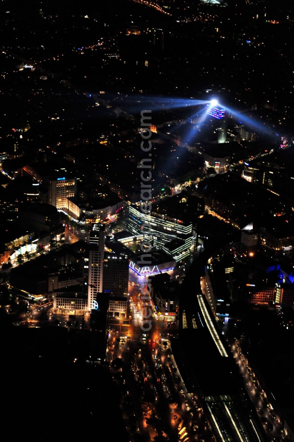 Berlin from the bird's eye view: Festival of Lights downtown of the capital Berlin. Of October 10th to 21th numerous tourist and cultural attractions of the city are enveloped in a colorful light show. To be seen in the picture is the Kudamm Karee