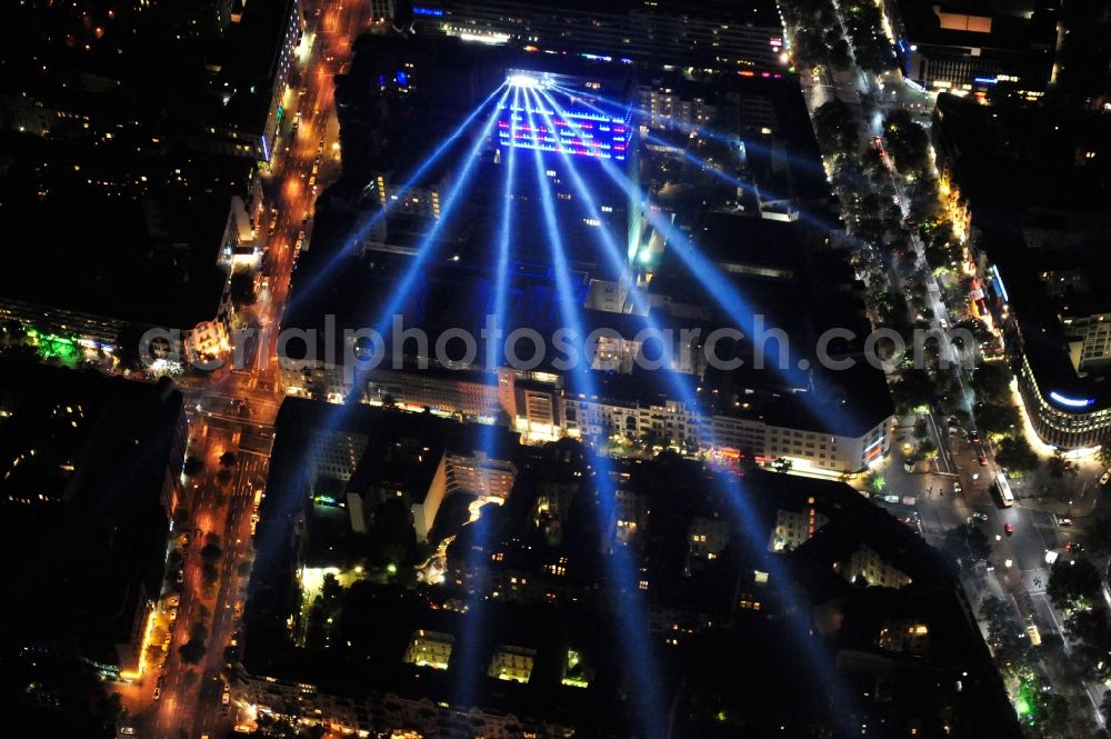 Berlin from above - Festival of Lights downtown of the capital Berlin. Of October 10th to 21th numerous tourist and cultural attractions of the city are enveloped in a colorful light show. To be seen in the picture is the Kudamm Karee