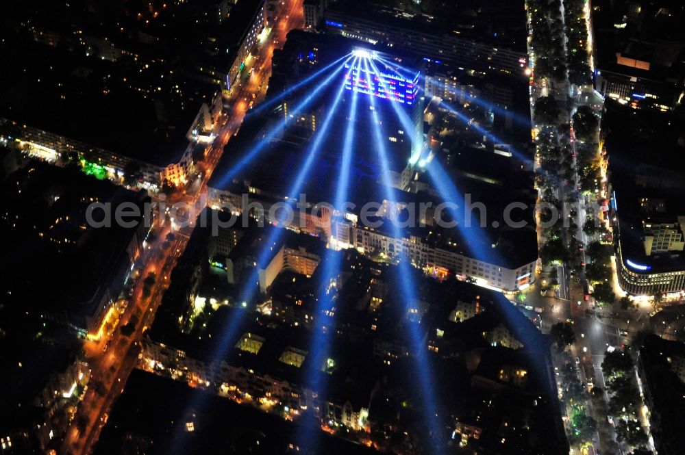 Berlin from the bird's eye view: Festival of Lights downtown of the capital Berlin. Of October 10th to 21th numerous tourist and cultural attractions of the city are enveloped in a colorful light show. To be seen in the picture is the Kudamm Karee