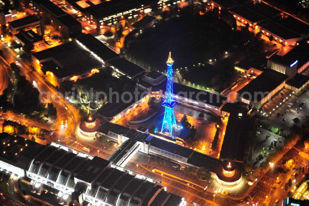 Berlin from the bird's eye view: Festival of Lights downtown of the capital Berlin. Of October 10th to 21th numerous tourist and cultural attractions of the city are enveloped in a colorful light show. To be seen in the picture is the radio tower on the exhibition grounds in the district Charlottenburg