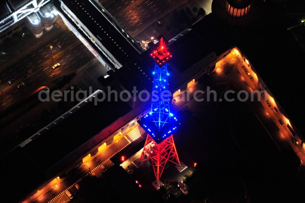 Aerial image Berlin - Festival of Lights downtown of the capital Berlin. Of October 10th to 21th numerous tourist and cultural attractions of the city are enveloped in a colorful light show. To be seen in the picture is the radio tower on the exhibition grounds in the district Charlottenburg