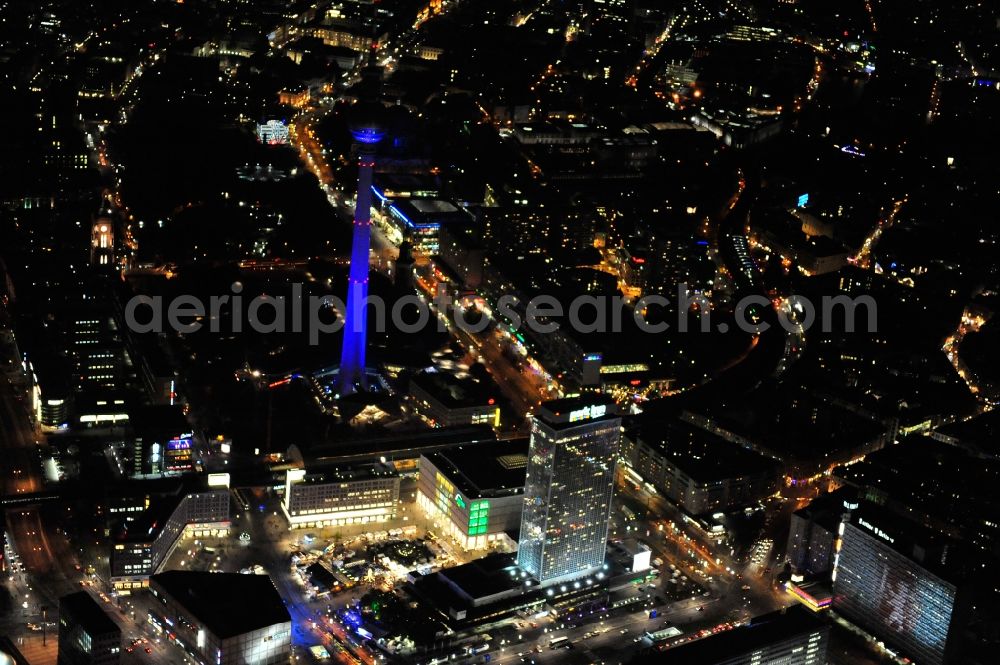 Aerial image Berlin - Festival of Lights downtown of the capital Berlin. Of October 10th to 21th numerous tourist and cultural attractions of the city are enveloped in a colorful light show. To be seen in the picture is the TV tower and the Alexanderplatz