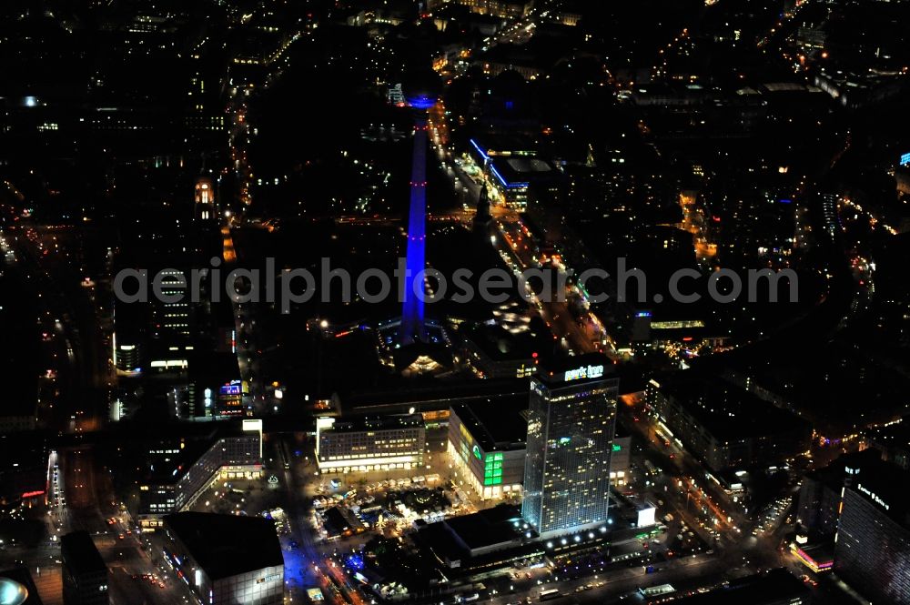 Aerial photograph Berlin - Festival of Lights downtown of the capital Berlin. Of October 10th to 21th numerous tourist and cultural attractions of the city are enveloped in a colorful light show. To be seen in the picture is the TV tower and the Alexanderplatz