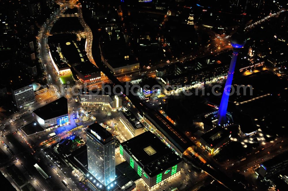 Aerial photograph Berlin - Festival of Lights downtown of the capital Berlin. Of October 10th to 21th numerous tourist and cultural attractions of the city are enveloped in a colorful light show. To be seen in the picture is the TV tower and the Alexanderplatz