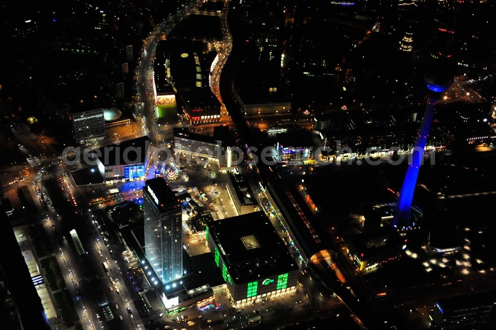 Berlin from the bird's eye view: Festival of Lights downtown of the capital Berlin. Of October 10th to 21th numerous tourist and cultural attractions of the city are enveloped in a colorful light show. To be seen in the picture is the TV tower and the Alexanderplatz