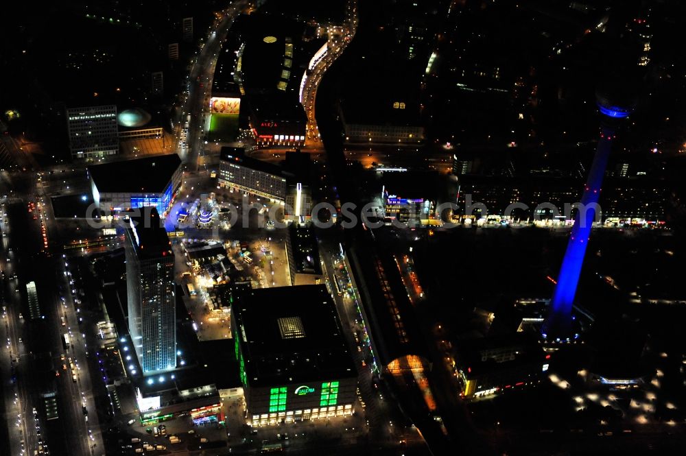 Aerial image Berlin - Festival of Lights downtown of the capital Berlin. Of October 10th to 21th numerous tourist and cultural attractions of the city are enveloped in a colorful light show. To be seen in the picture is the TV tower and the Alexanderplatz