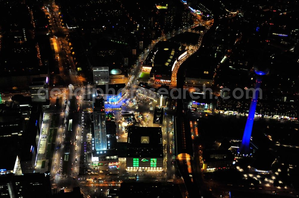 Aerial photograph Berlin - Festival of Lights downtown of the capital Berlin. Of October 10th to 21th numerous tourist and cultural attractions of the city are enveloped in a colorful light show. To be seen in the picture is the TV tower and the Alexanderplatz