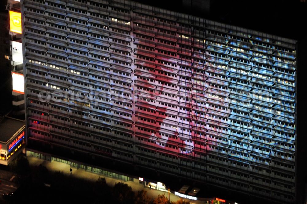 Aerial photograph Berlin - Festival of Lights downtown of the capital Berlin. Of October 10th to 21th numerous tourist and cultural attractions of the city are enveloped in a colorful light show. To be seen in the picture is the Berliner Verlag