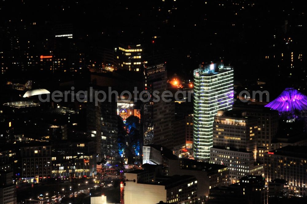 Aerial image Berlin - Festival of Lights downtown of the capital Berlin. Of October 10th to 21th numerous tourist and cultural attractions of the city are enveloped in a colorful light show. To be seen in the picture is the Sony Center and the Potsdamer Platz