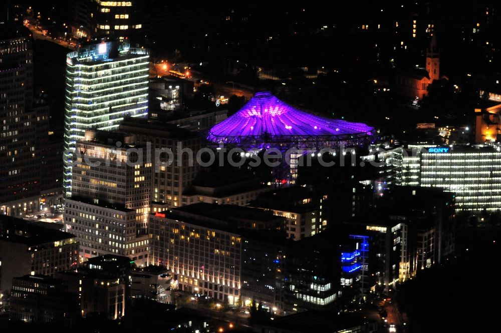 Aerial photograph Berlin - Festival of Lights downtown of the capital Berlin. Of October 10th to 21th numerous tourist and cultural attractions of the city are enveloped in a colorful light show. To be seen in the picture is the Sony Center and the Potsdamer Platz