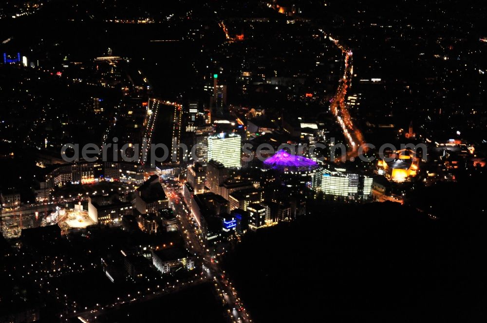 Aerial image Berlin - Festival of Lights downtown of the capital Berlin. Of October 10th to 21th numerous tourist and cultural attractions of the city are enveloped in a colorful light show. To be seen in the picture is the Sony Center and the Potsdamer Platz