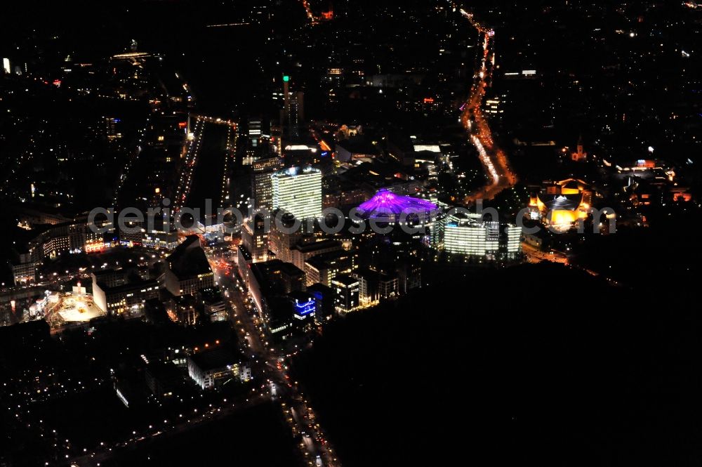 Aerial photograph Berlin - Festival of Lights downtown of the capital Berlin. Of October 10th to 21th numerous tourist and cultural attractions of the city are enveloped in a colorful light show. To be seen in the picture is the Sony Center and the Potsdamer Platz