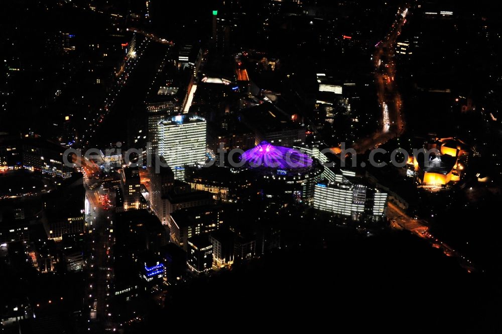 Aerial image Berlin - Festival of Lights downtown of the capital Berlin. Of October 10th to 21th numerous tourist and cultural attractions of the city are enveloped in a colorful light show. To be seen in the picture is the Sony Center and the Potsdamer Platz