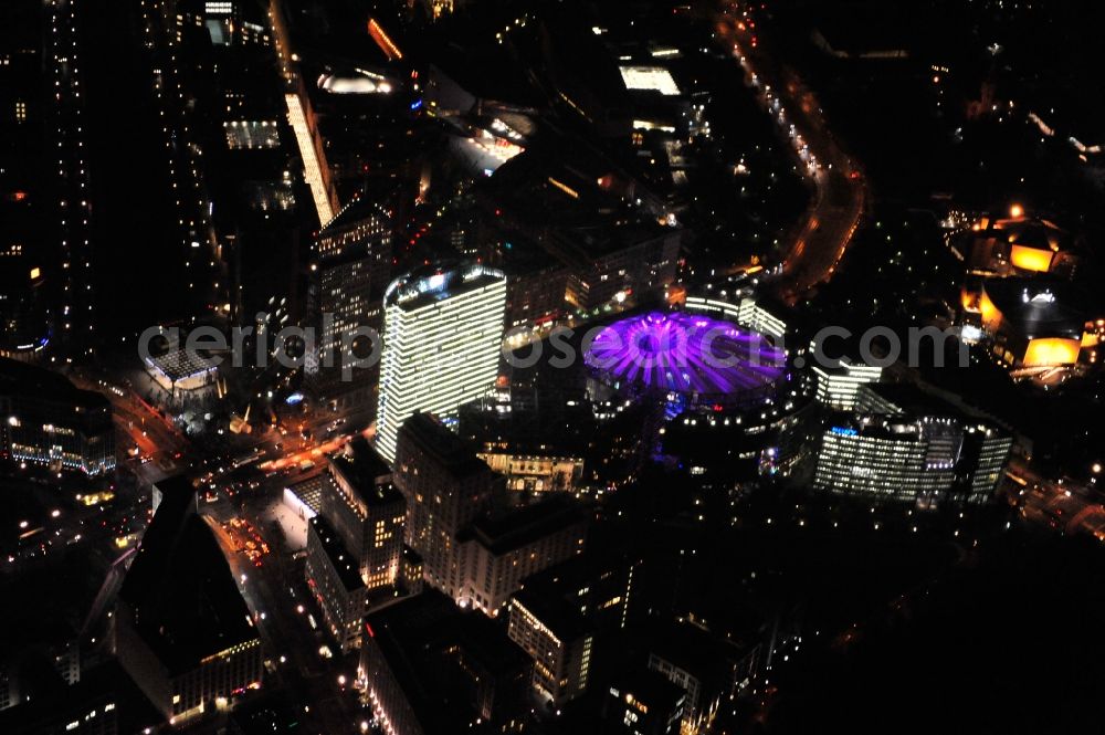 Aerial image Berlin - Festival of Lights downtown of the capital Berlin. Of October 10th to 21th numerous tourist and cultural attractions of the city are enveloped in a colorful light show. To be seen in the picture is the Sony Center and the Potsdamer Platz