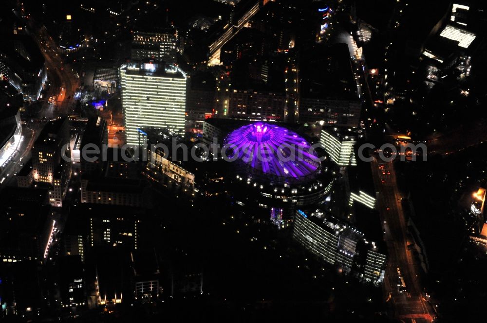 Aerial photograph Berlin - Festival of Lights downtown of the capital Berlin. Of October 10th to 21th numerous tourist and cultural attractions of the city are enveloped in a colorful light show. To be seen in the picture is the Sony Center and the Potsdamer Platz