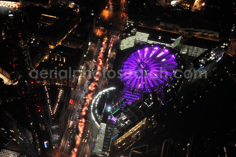 Aerial photograph Berlin - Festival of Lights downtown of the capital Berlin. Of October 10th to 21th numerous tourist and cultural attractions of the city are enveloped in a colorful light show. To be seen in the picture is the Sony Center and the Potsdamer Platz