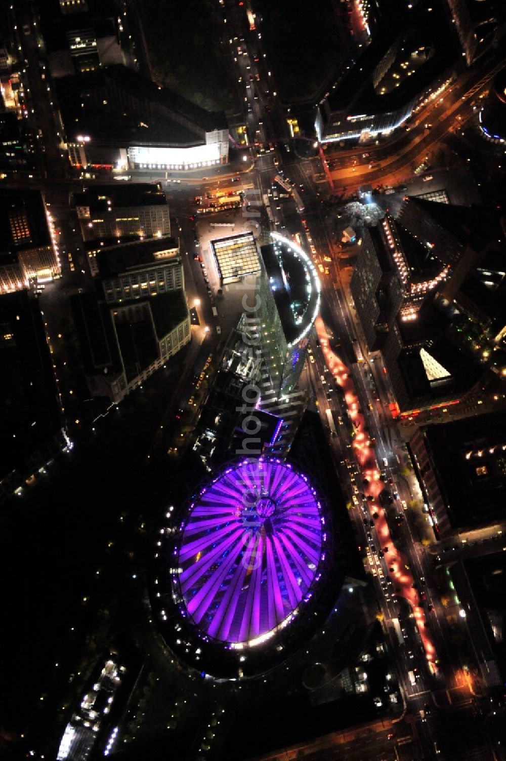 Aerial photograph Berlin - Festival of Lights downtown of the capital Berlin. Of October 10th to 21th numerous tourist and cultural attractions of the city are enveloped in a colorful light show. To be seen in the picture is the Sony Center and the Potsdamer Platz