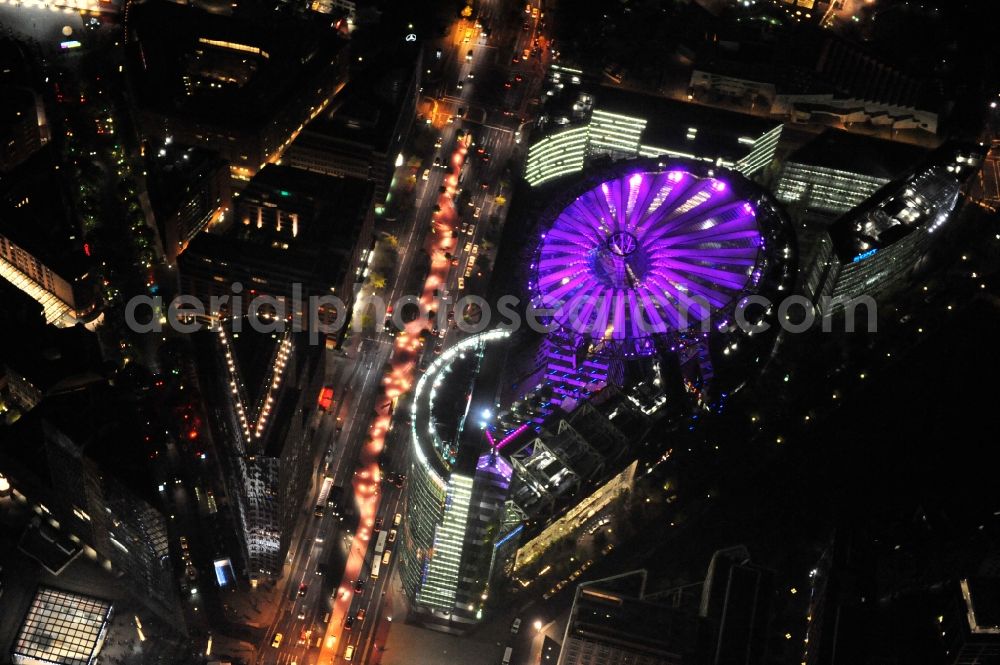 Aerial image Berlin - Festival of Lights downtown of the capital Berlin. Of October 10th to 21th numerous tourist and cultural attractions of the city are enveloped in a colorful light show. To be seen in the picture is the Sony Center and the Potsdamer Platz