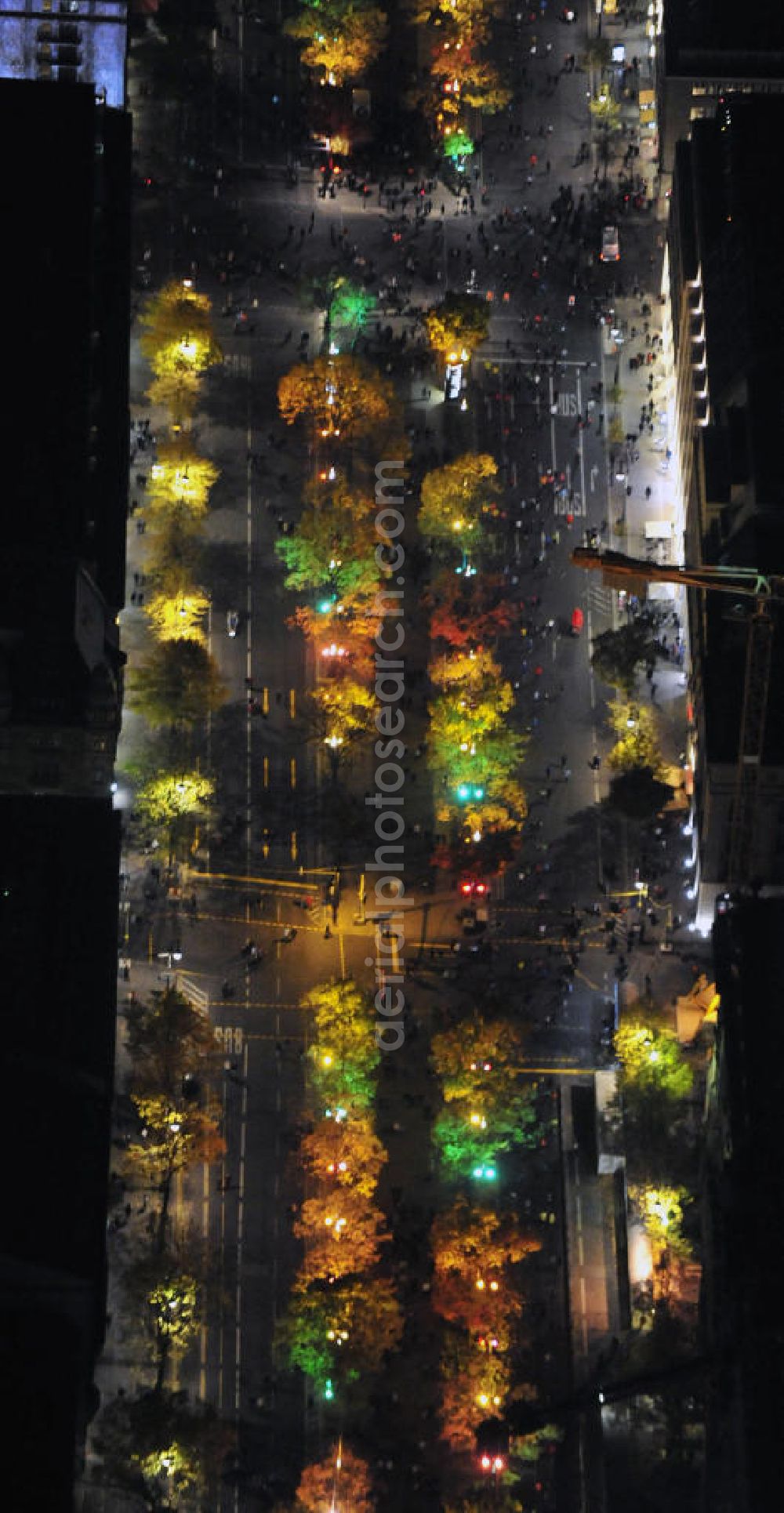 Berlin from above - Nachtaufnahme: Sicht auf die beleuchtete Straße Unter den Linden anlässlich des Festival Of Lights 2010 in Berlin. View to the illuminated street Unter den Linden in celebration of the Festival Of Lights 2010 in Berlin.