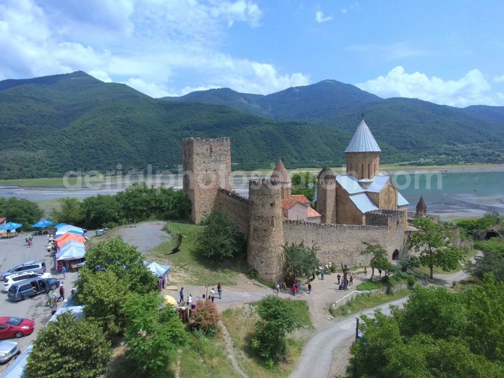 Aerial image Ananuri - View of the fortress Ananuri Georgia, near the village of the same name in the municipality of Duscheti, Mzcheta-Mtianeti region in Georgia