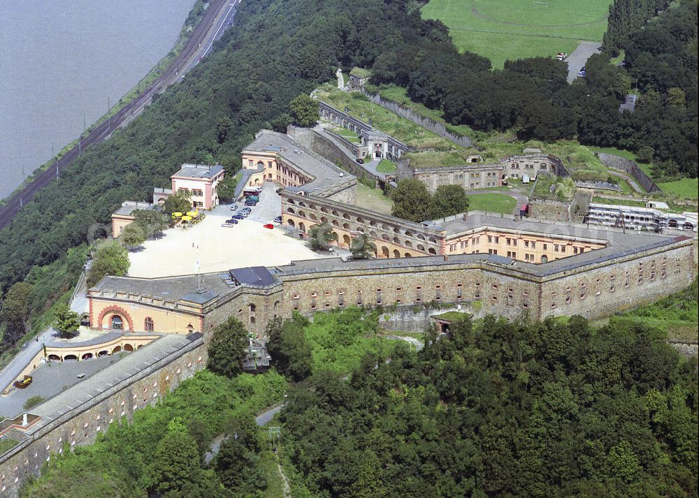 Aerial photograph Koblenz - Blick auf die Festung Ehrenbreitstein in Koblenz. Die Festung Ehrenbreitsten wurde im 16. Jhd. auf der ursprünglichen Burganlage aus dem 11. Jhd. errichtet.