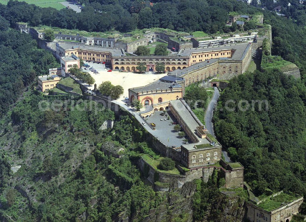 Koblenz from above - Blick auf die Festung Ehrenbreitstein in Koblenz. Die Festung Ehrenbreitsten wurde im 16. Jhd. auf der ursprünglichen Burganlage aus dem 11. Jhd. errichtet.