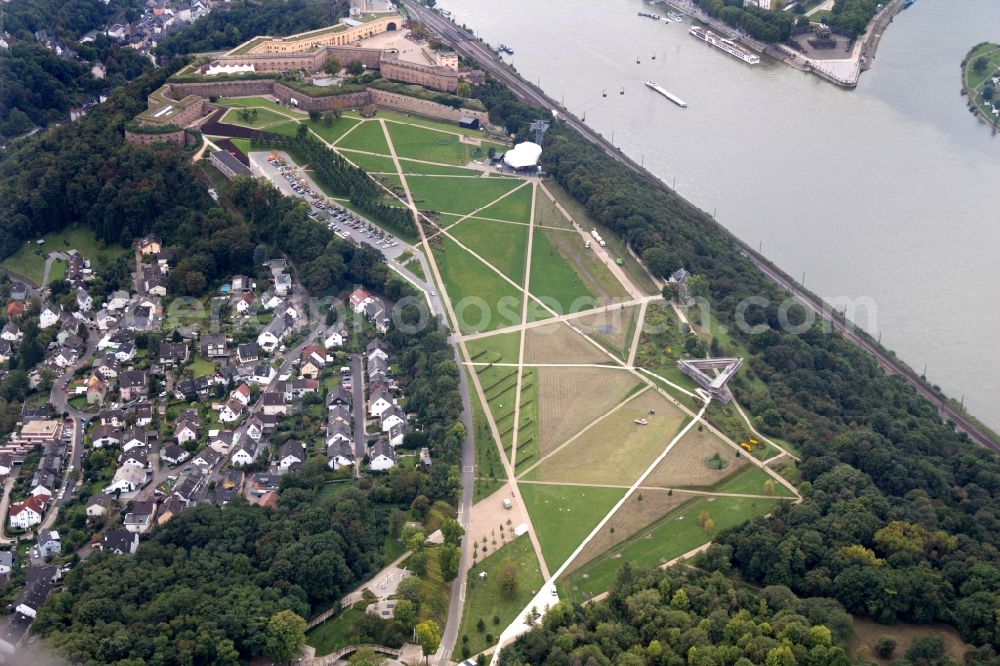Koblenz from the bird's eye view: View of the fortress Ehrenbreitstein in Koblenz in the state Rhineland-Palatinate