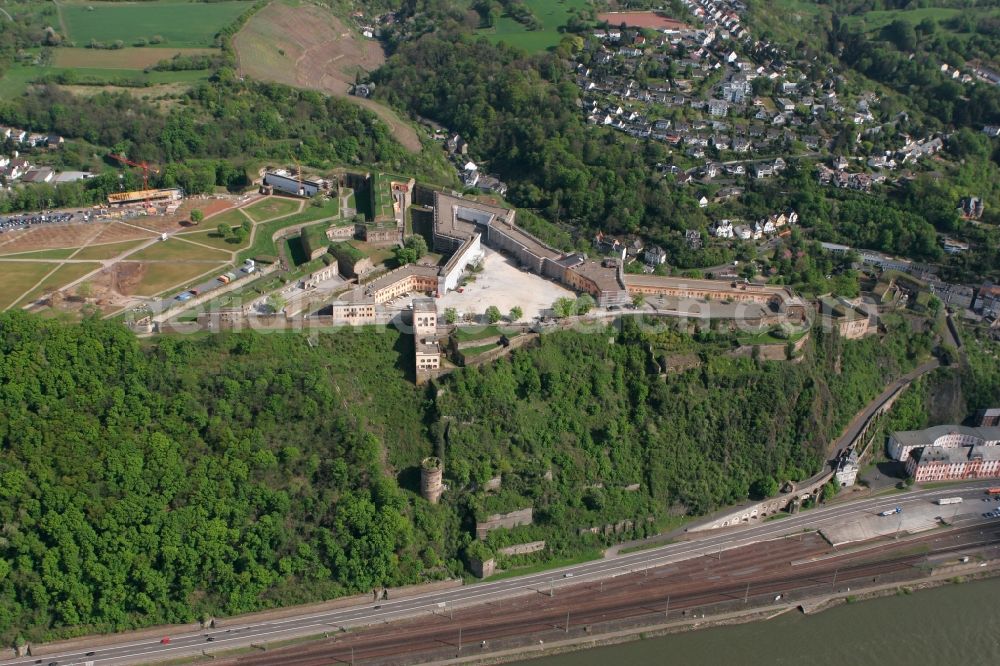 Koblenz from above - Fortress Ehrenbreitstein at the confluence of the Rhine and Mosel called Deutsches Eck with a view of the Kaiser Wilhelm I. Memorial in Koblenz in Rhineland-Palatinate
