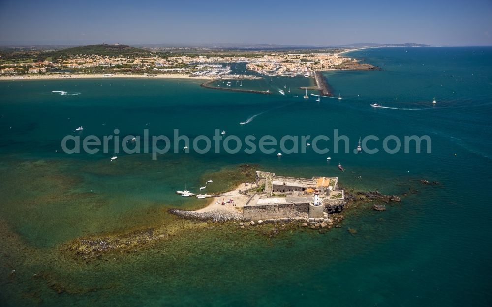 Agde from the bird's eye view: Fortress Fort de Brescou on the Mediterranean coast of Agde in France