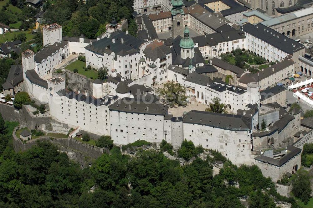 Aerial image Salzburg - Die 900 Jahre alte Festung Hohensalzburg, das Wahrzeichen der Stadt, ist Europas größte und noch am besten erhaltene Burganlage. Heute gilt sie als Europas größte Festungsanlage mit mehr als 14.000 m² Baufläche. Salzburg 2007/07/14 Festung Hohensalzburg is a castle in the Austrian city of Salzburg. It sits on Festungberg hill. With a length of 250 meters and a width of 150 meters, it is one of the largest medieval castles in Europe.