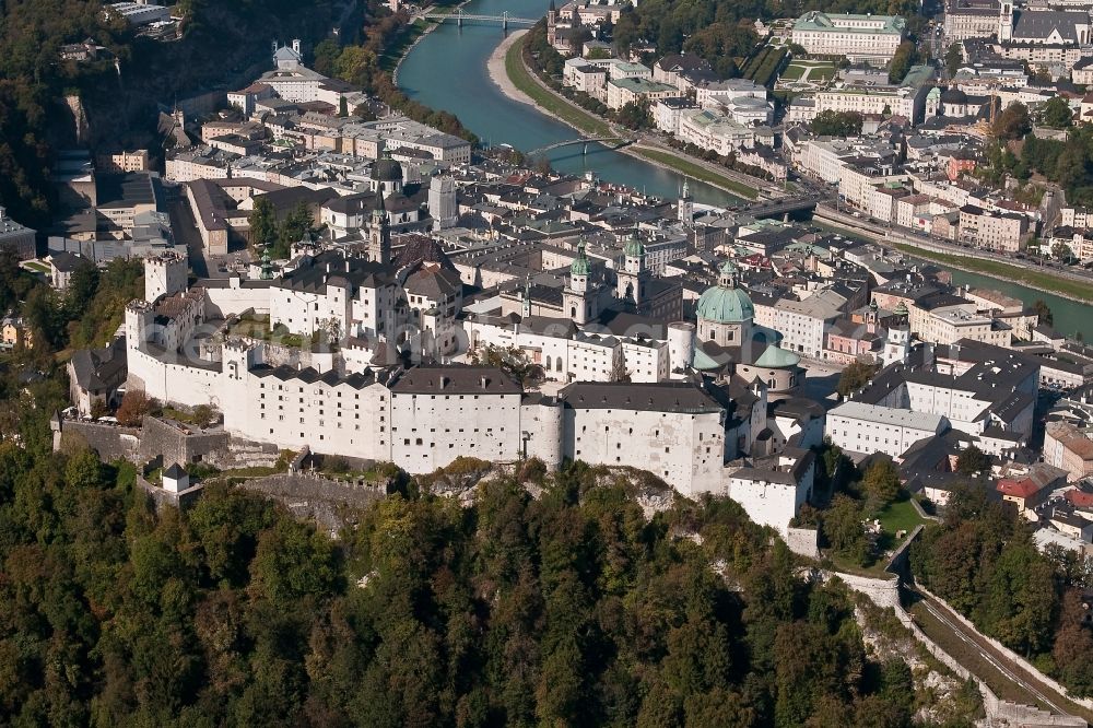 Aerial image Salzburg - The 900 year old fortress Hohensalzburg, the landmark of the city, is Europe's largest and best preserved castle. Today it is regarded as Europe's biggest fortress