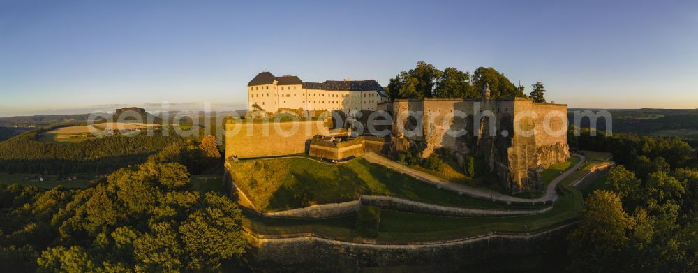 Aerial image Königstein - The Fortress Koenigstein at the river Elbe in the county district of Saxon Switzerland East Erzgebirge in the state of Saxony. The fortress is one of the largest mountain fortresses in Europe and is located amidst the Elbe sand stone mountains on the flat top mountain of the same name