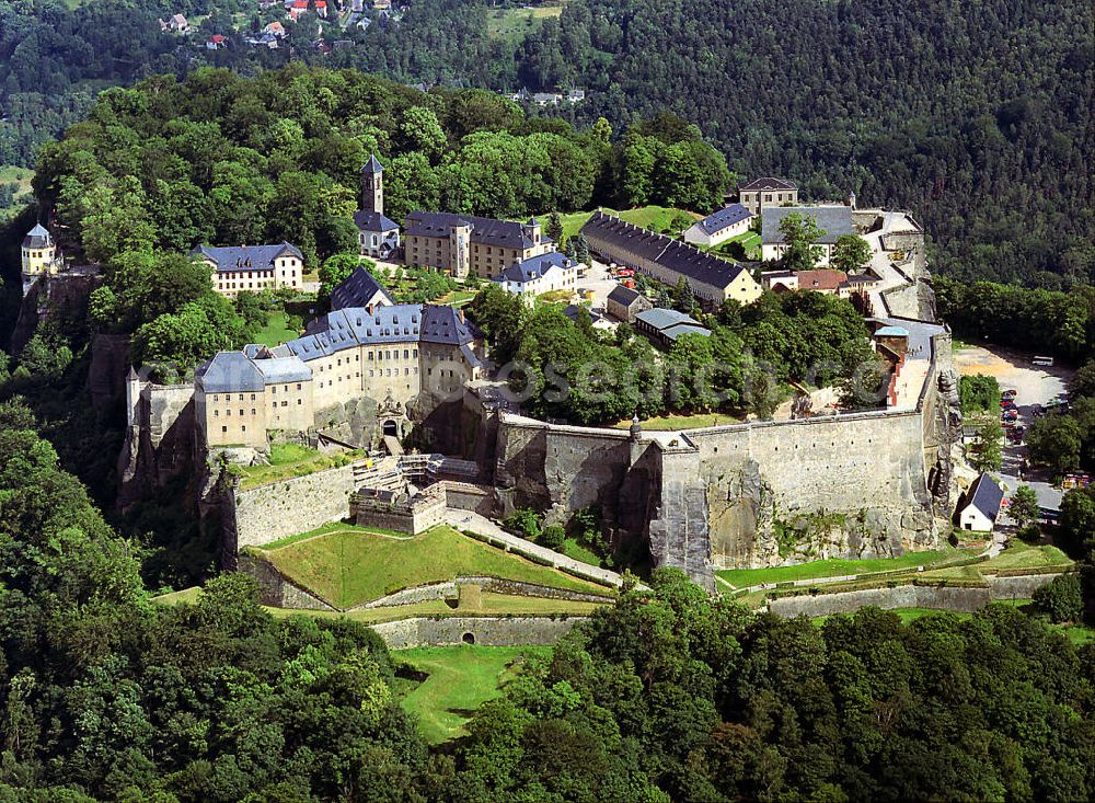 Königsstein from the bird's eye view: Die Bergfestung Festung Königstein in der Sächsischen Schweiz. Fortress Festung Königstein in the Saxon Switzerland.