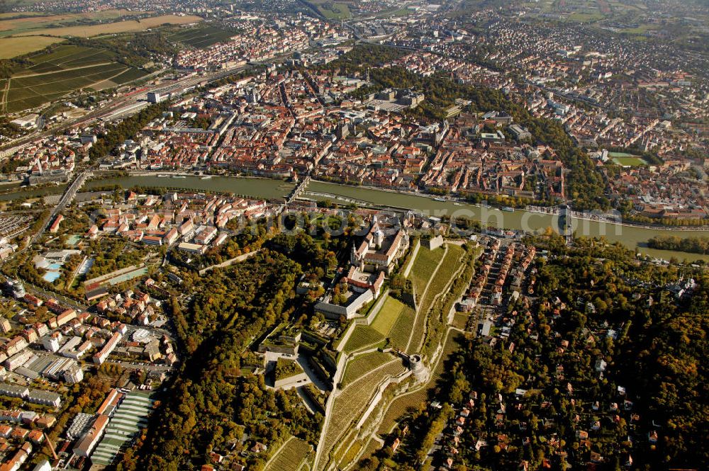 Aerial photograph Würzburg - Blick auf die Festung Marienberg in Würzburg. Das beherrschende Wahrzeichen von Würzburg erhebt sich auf einer Bergzunge fast 100 m über dem Main. Von 1253 bis 1719 war die Festung Marienberg die Residenz der Würzburger Fürstbischöfe. Heute beherbergt es das Mainfränkische Museum. View of the Fortress Marienberg in Wuerzburg. From 1253 to 1719 it was the residence of the prince-bishops of Würzburg.