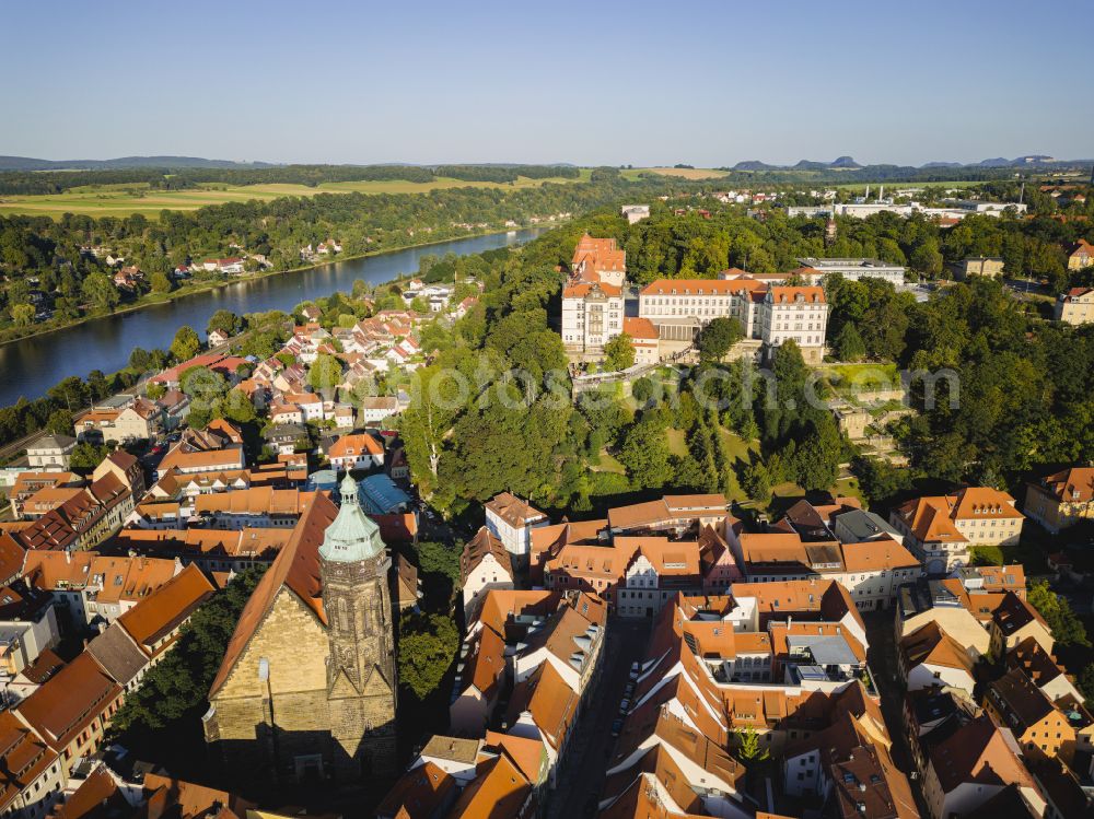 Pirna from above - Sonnenstein Fortress in Pirna in the federal state of Saxony, Germany. Today it is open to tourists and is the administrative seat of the Saxon Switzerland-Eastern Ore Mountains district